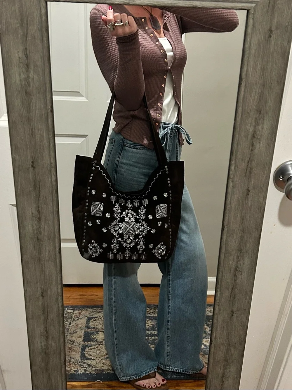 Free People Eden Embroidered Suede Tote + Eden Mini Pouch in Espresso